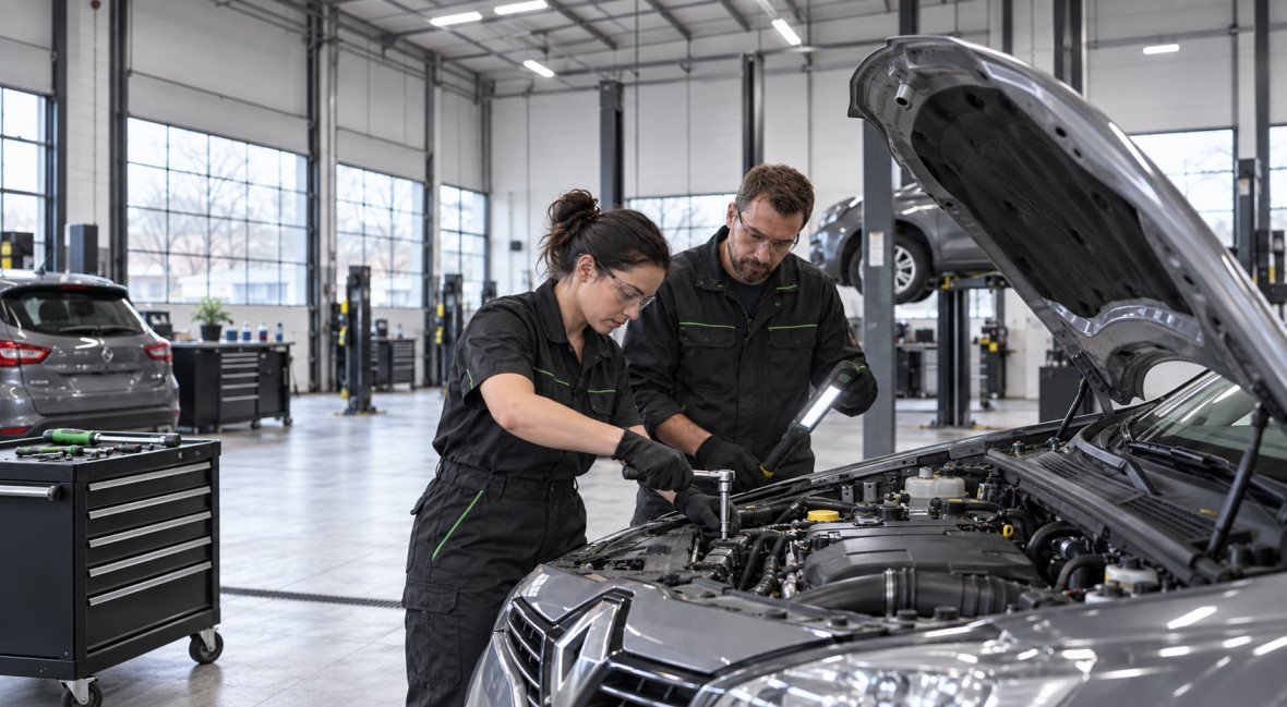 Mechanikai remontuoja automobilio variklį