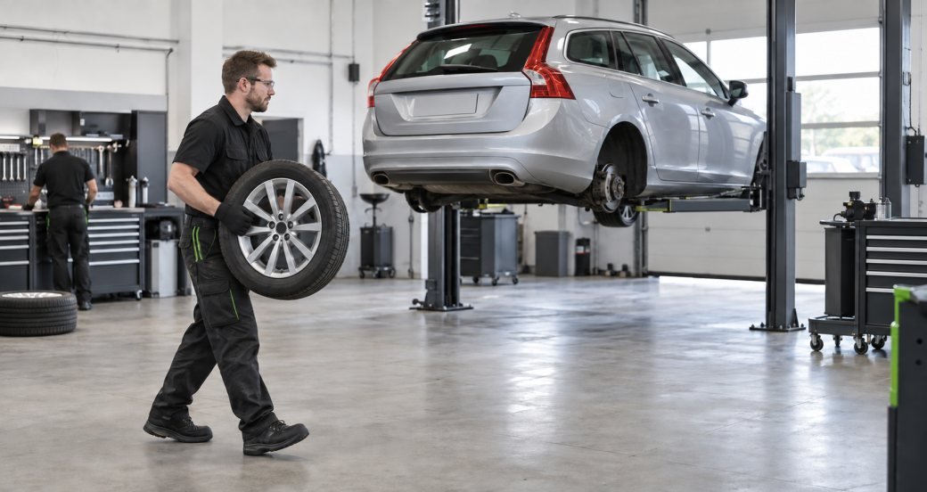 Mechanikas neša automobilio ratą
